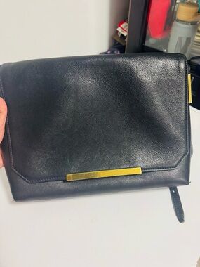 J. Crew Black Leather Crossbody with Gold Bar Accent